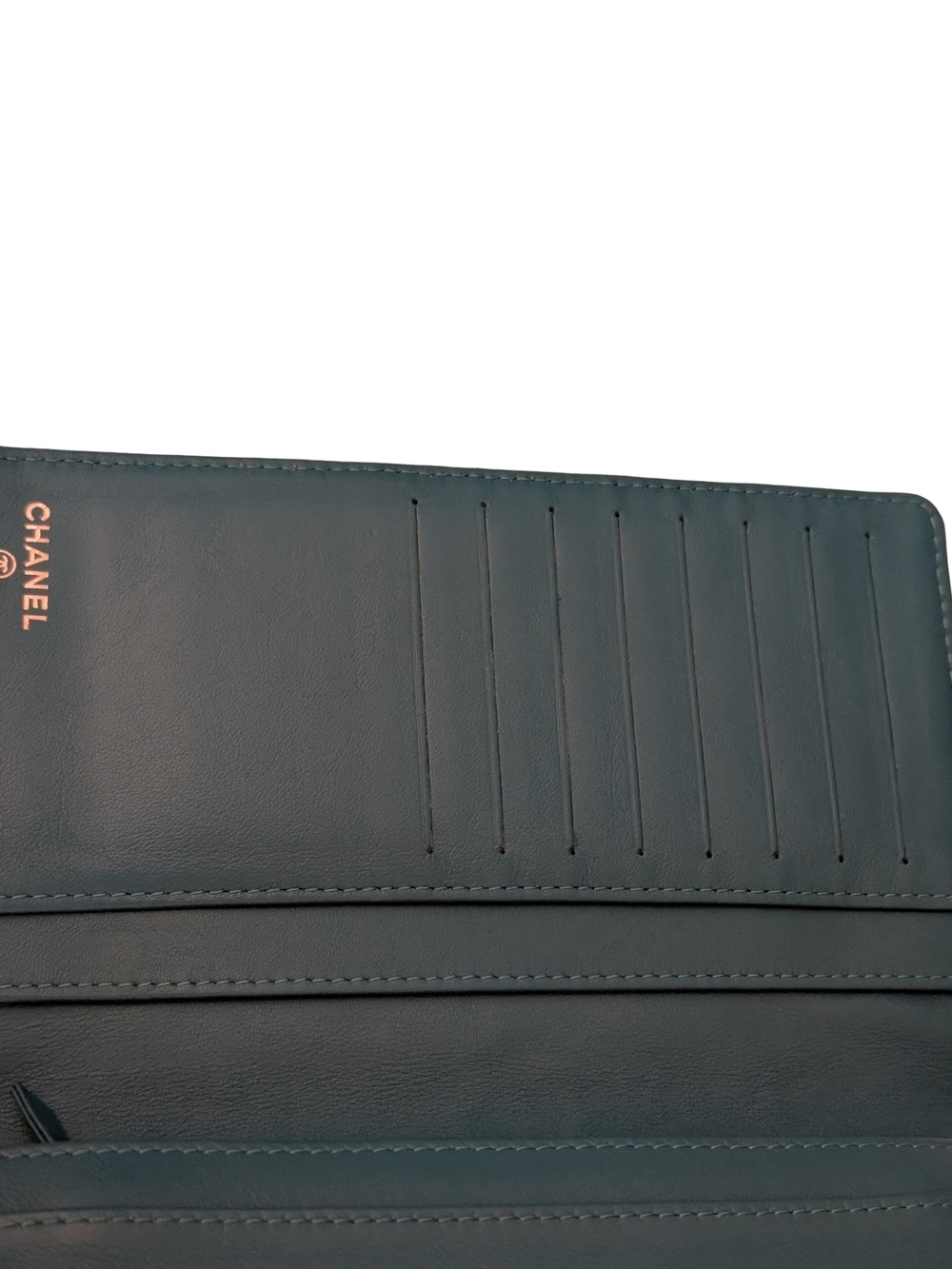CHANEL Teal Quilted Patent Leather Clutch Silver CC Long Wallet Purse - Picture 9 of 15